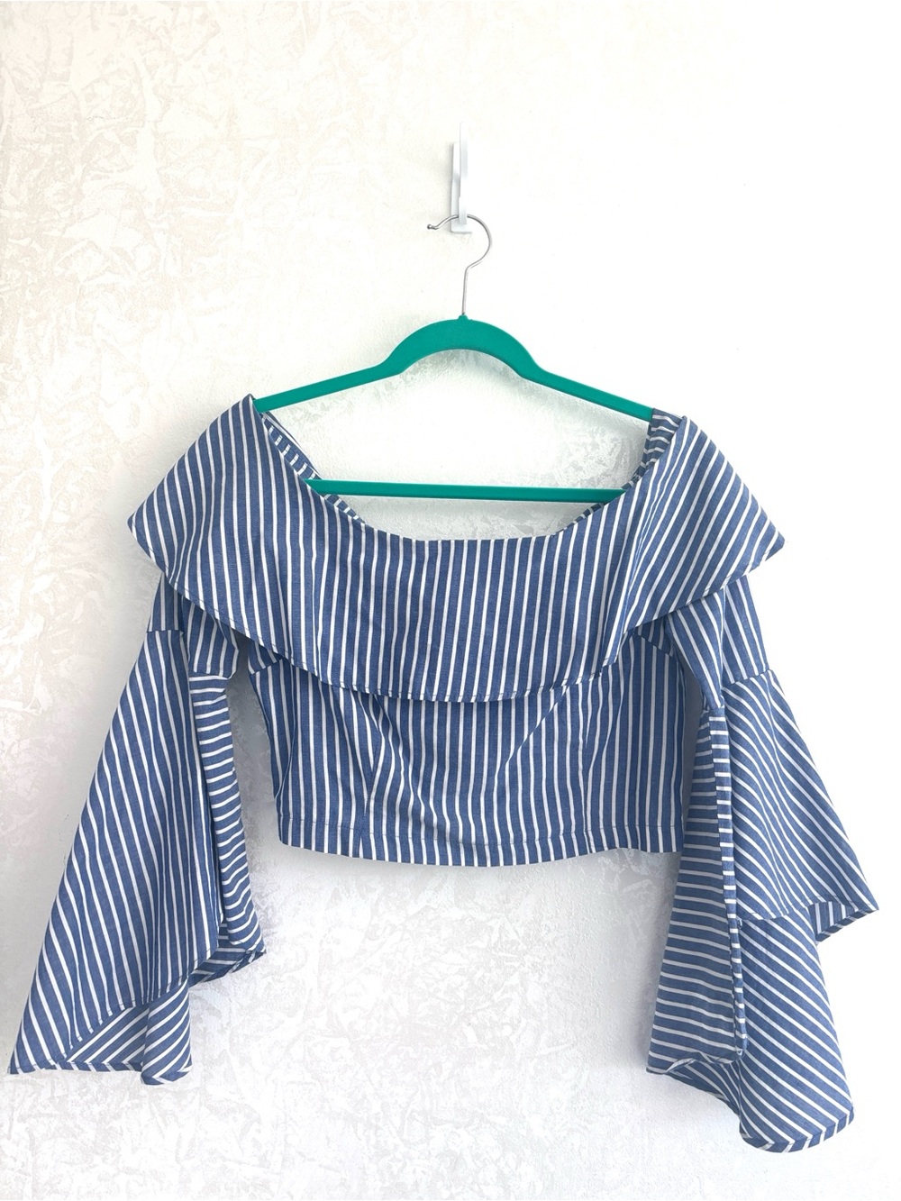 CAGE Blue White Striped Off Shoulder Crop Top Bell Sleeve Size M